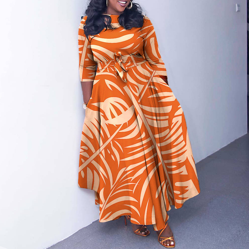 Amazon women's spring  new fashionable elegant printed tie-waist maxi dress - plus size available for export