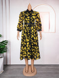 Aliexpress cross-border plus size african chiffon printed women's new shirt collar ol commuter dress with belt
