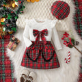 autumn cross-border baby & toddler flutter sleeve bow top + plaid heart patchwork skirt with hat three-piece set