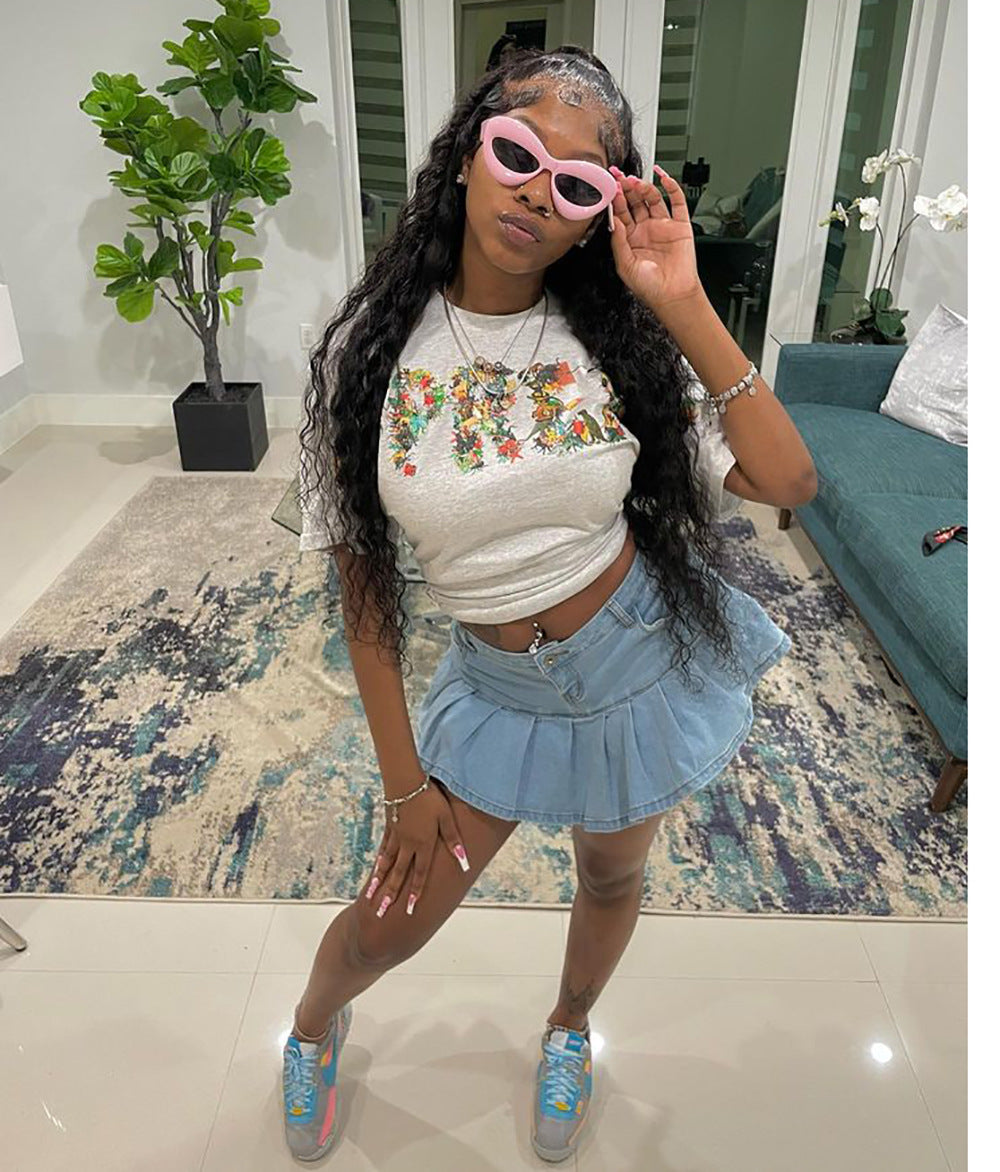 European and american cross-border women's clothing:  summer ins-style fashionable sexy hot girl ruffle trim mini denim skirt