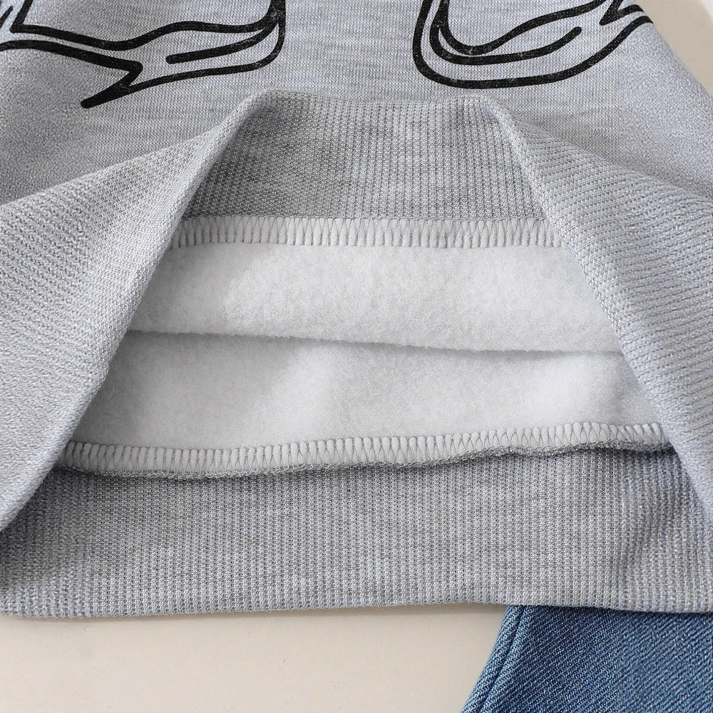 Spring/summer girls' versatile sweatshirt with bow print detail, long sleeve top + solid black pants