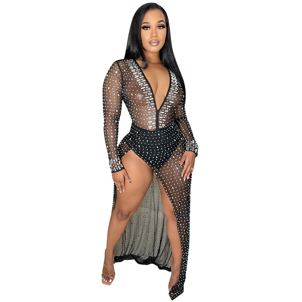 C5729   fashion women's nightclub rhinestone deep v long sleeve slit maxi dress