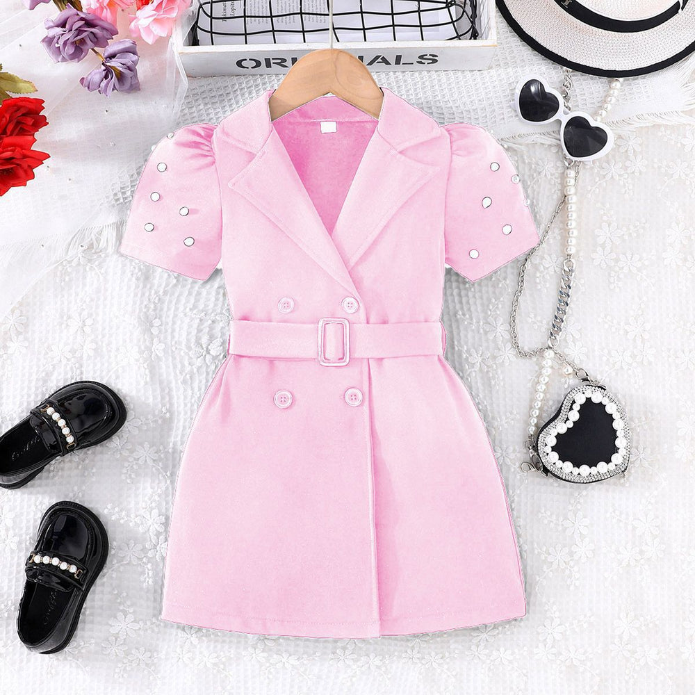 new summer collection: girls' solid color short-sleeve casual dress + belt two-piece set