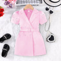 new summer collection: girls' solid color short-sleeve casual dress + belt two-piece set