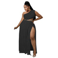 supply european and american clothing  pure color asymmetrical one-shoulder tops large slit floor-length skirt suit