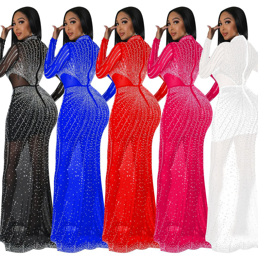 C6369 cross-border   fashion women's solid color mesh rhinestone long sleeve maxi dress