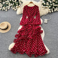 French polka dot v-neck bodycon asymmetrical dress - women's summer cinched waist ruffle trim slimming cake dress - socialite style