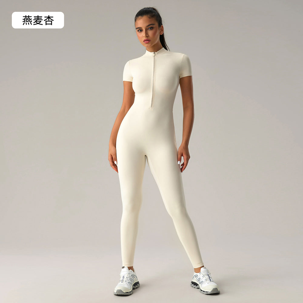 European and american nude feel zipper short sleeve yoga bodysuit - tummy control, butt lift, slimming workout leggings - dlt001