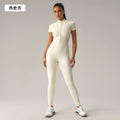 European and american nude feel zipper short sleeve yoga bodysuit - tummy control, butt lift, slimming workout leggings - dlt001