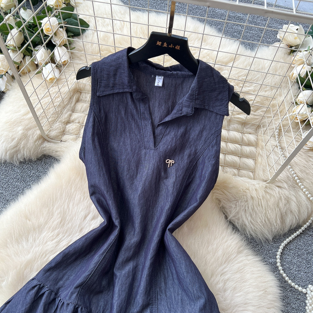 Korean style polo collar sleeveless tulip dress - women's summer bow-tie waist, elegant a-line mini dress for work and casual wear