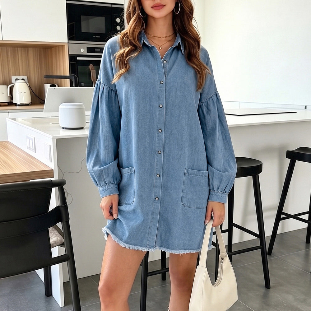 Fashion cross-border foreign trade  new arrival lapel lantern long sleeves single-breasted loose mid-length denim dress