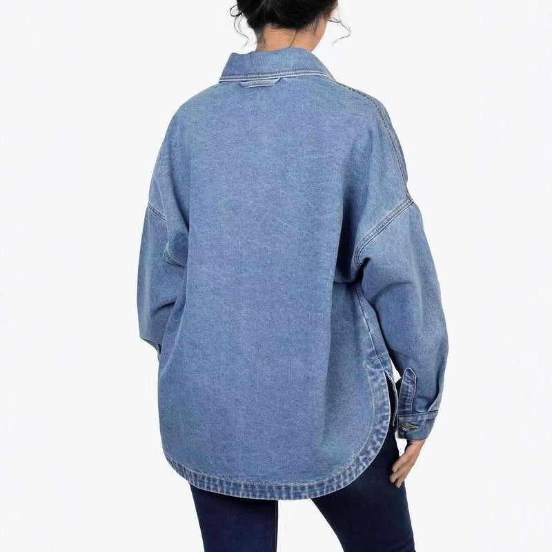 Fashion cross-border foreign trade  new style washed retro loosecasual early autumn new style slit denim shirt