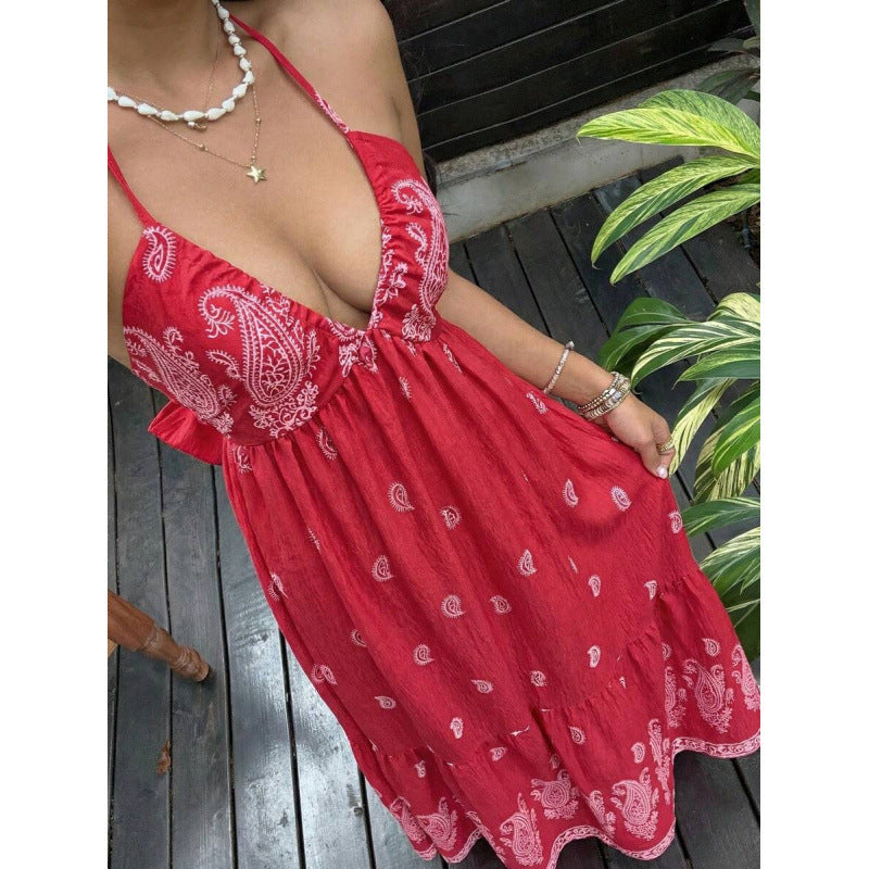 Amazon  summer new arrival: printed beach vacation style v-neck halter backless tie-up dress for women