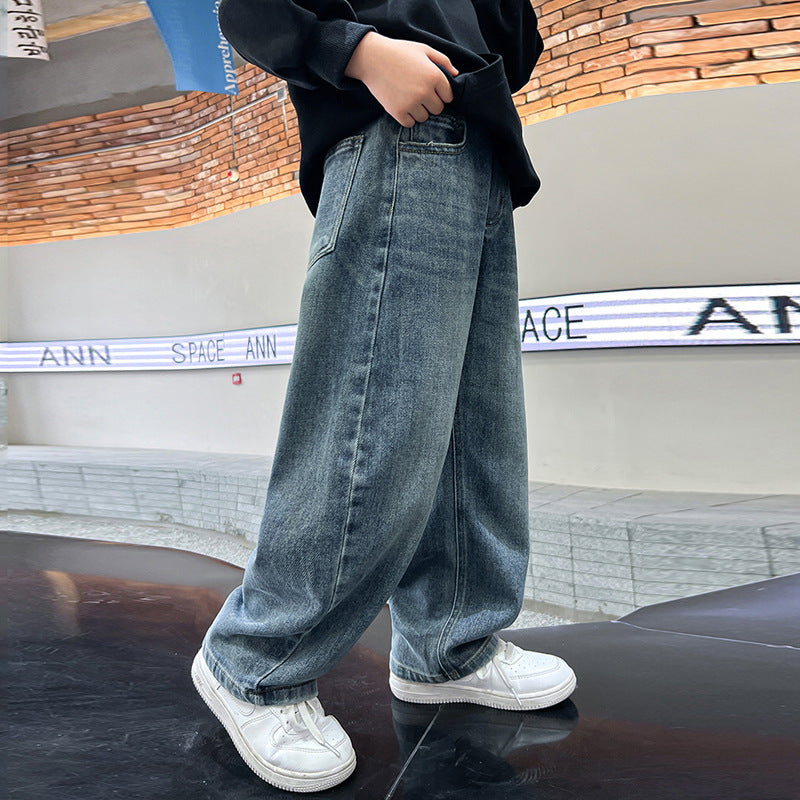 New boys' jeans: spring/autumn wide-leg, straight-leg trousers for kids, stylish boys' clothing, casual pants for teenagers