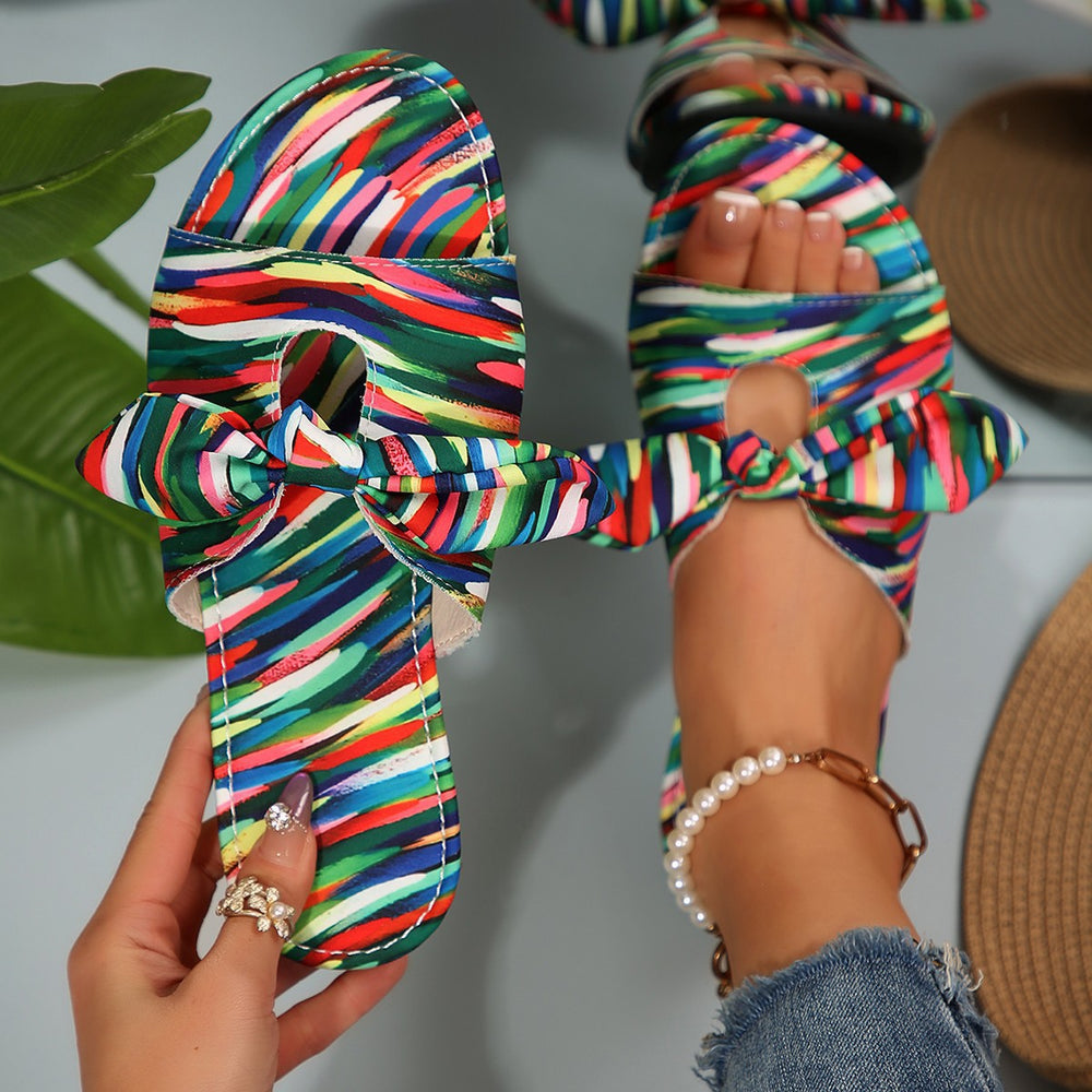 European and american cross-border  summer new arrival: women's plus size flat rainbow floral round toe thong sandals