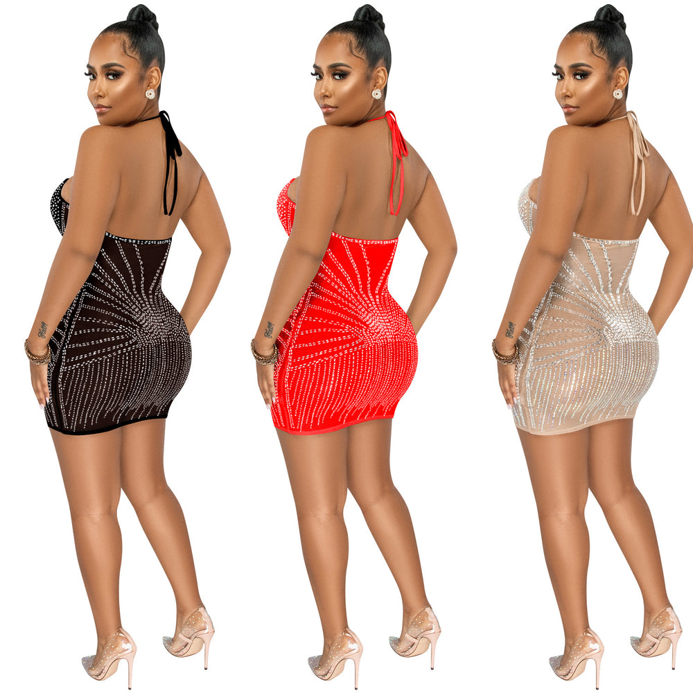 X5653    fashion sexy halter wrap chest rhinestone mesh see-through midi dress
