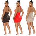 X5653    fashion sexy halter wrap chest rhinestone mesh see-through midi dress