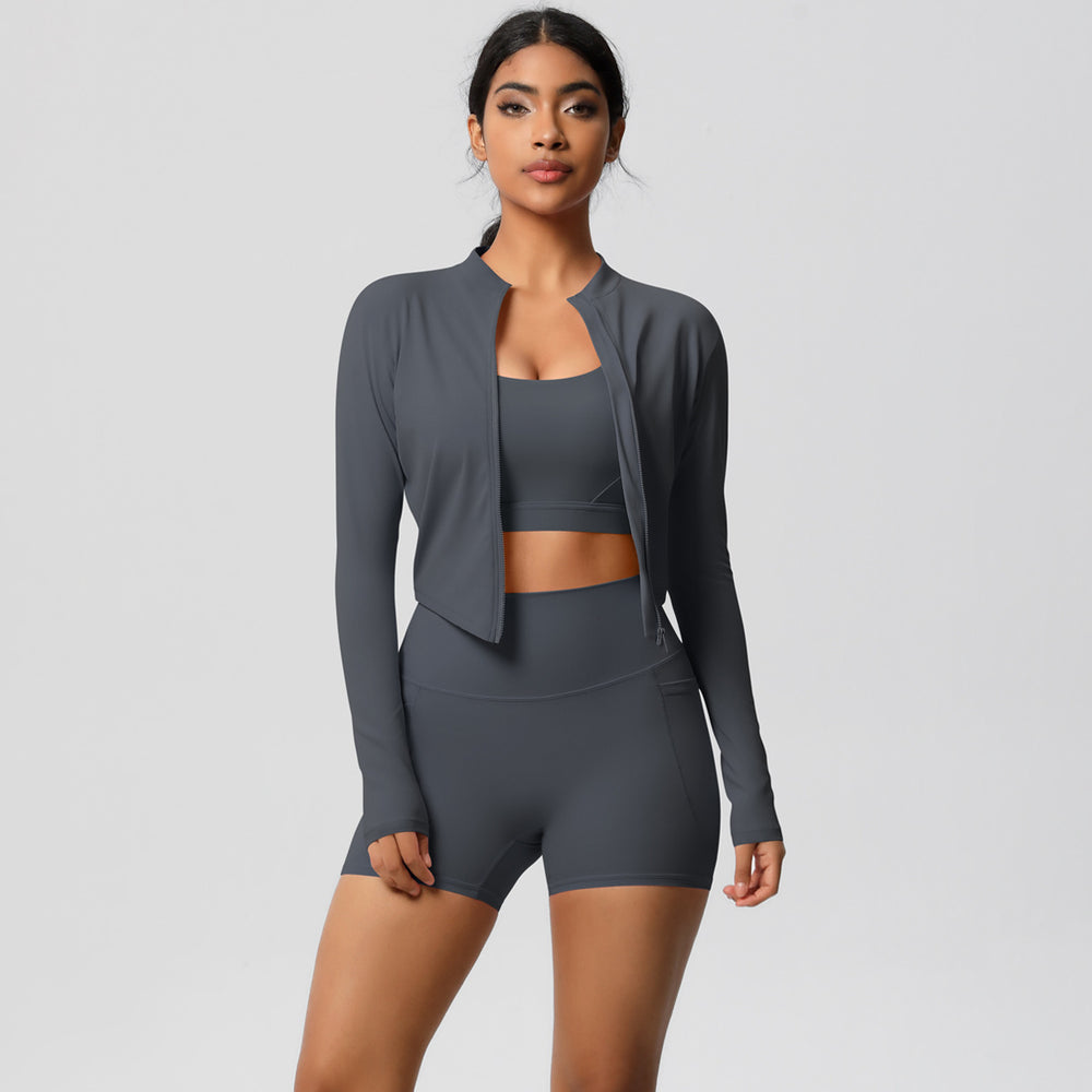High-waisted brushed fleece tight pocket yoga set - cloud-soft quick-dry activewear three-piece outfit for outdoor leisure, running, and fitness