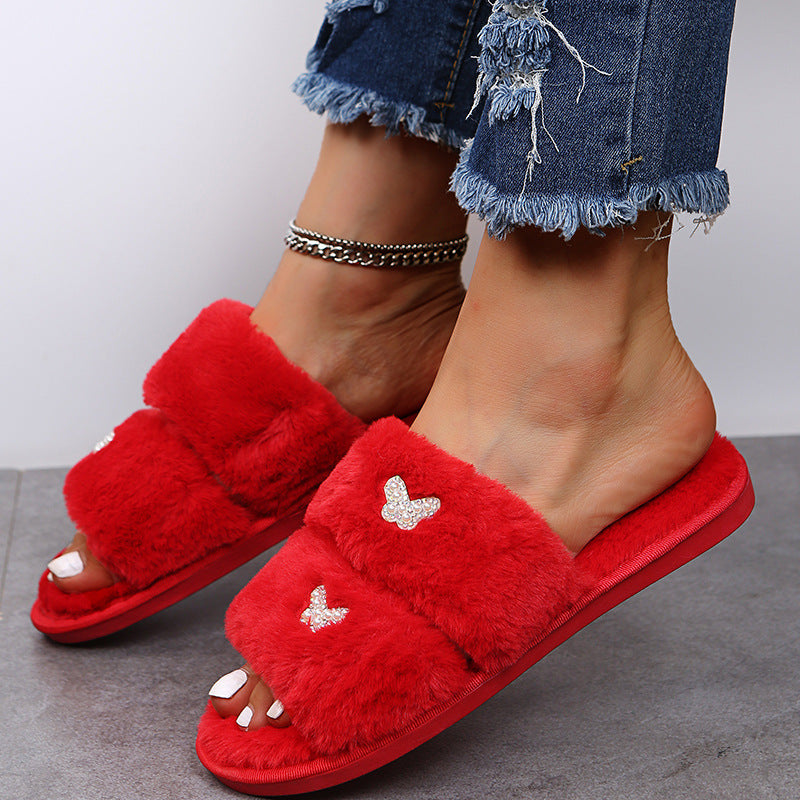 2024 new plus size indoor/outdoor flat pearl rhinestone butterfly cotton slippers - women's new fuzzy slippers