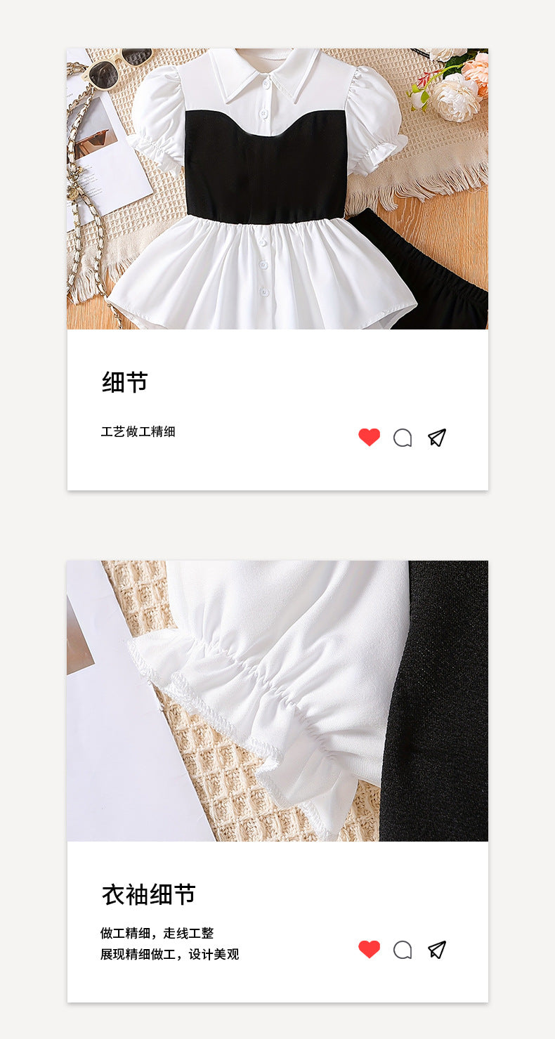 Exportsummergirlsuitshirt waist vest patchwork lace hem fake two-piece kidspantstwo-piece set