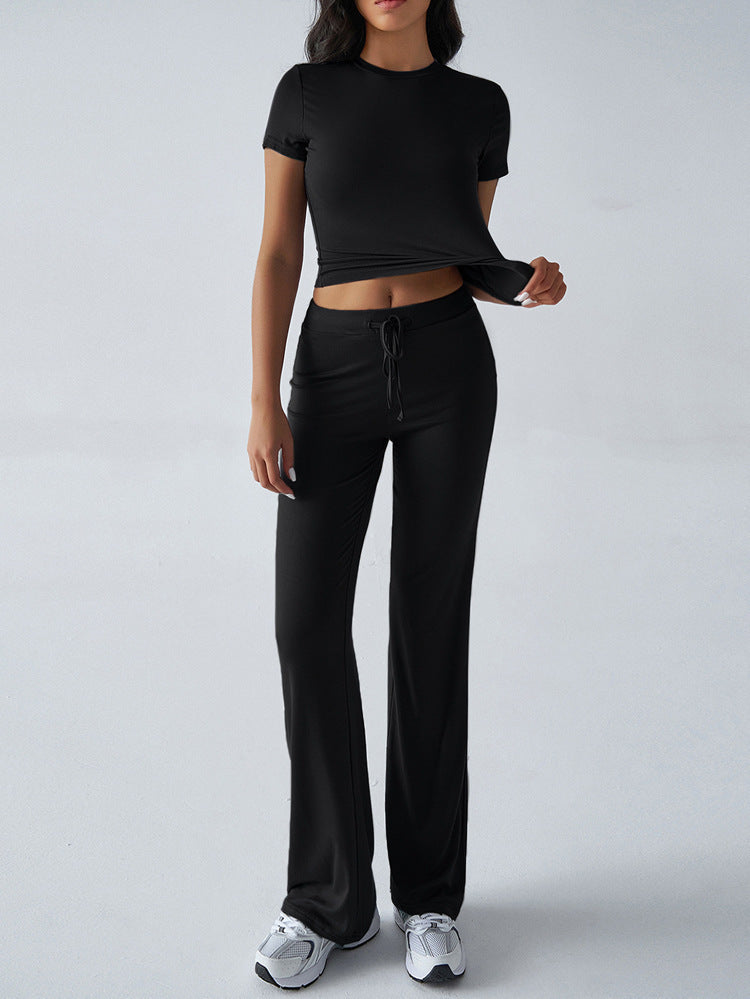 2025 european and american new arrival cross-border women's spring/summer elegant solid color crew neck casual fashion set - short sleeve top and long pants