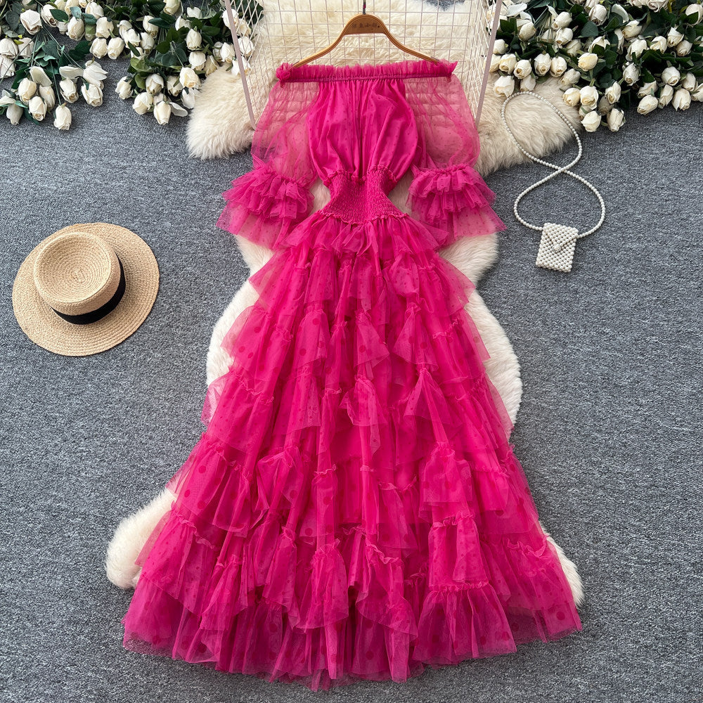 Sweet and lovely pink mesh dress for women, perfect for summer. features an off-the-shoulder design, puff sleeves, a high waist, and an a-line silhouette. an ethereal, fairy-tale style