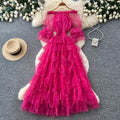 Sweet and lovely pink mesh dress for women, perfect for summer. features an off-the-shoulder design, puff sleeves, a high waist, and an a-line silhouette. an ethereal, fairy-tale style