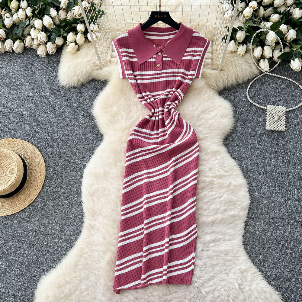 Korean chic summer new arrival: high-end retro polo collar sleeveless fitted bodycon knit dress with diagonal stripes