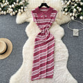 Korean chic summer new arrival: high-end retro polo collar sleeveless fitted bodycon knit dress with diagonal stripes