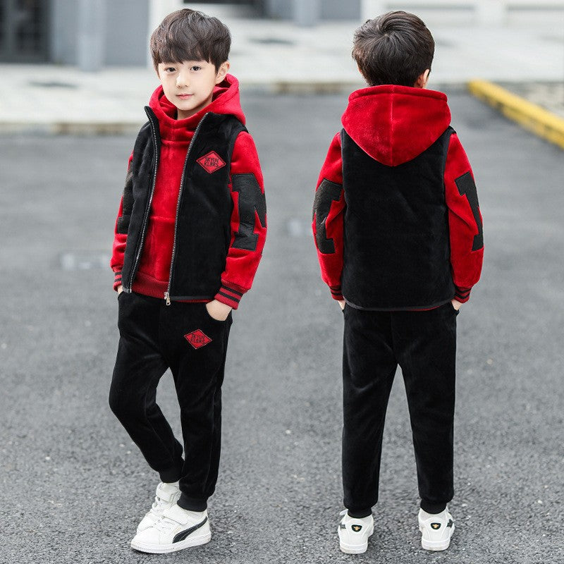 Boys' fleece-lined thickened autumn/winter outfit,  new style, mid-to-large children's clothing, boys' hoodie three-piece set, trendy style