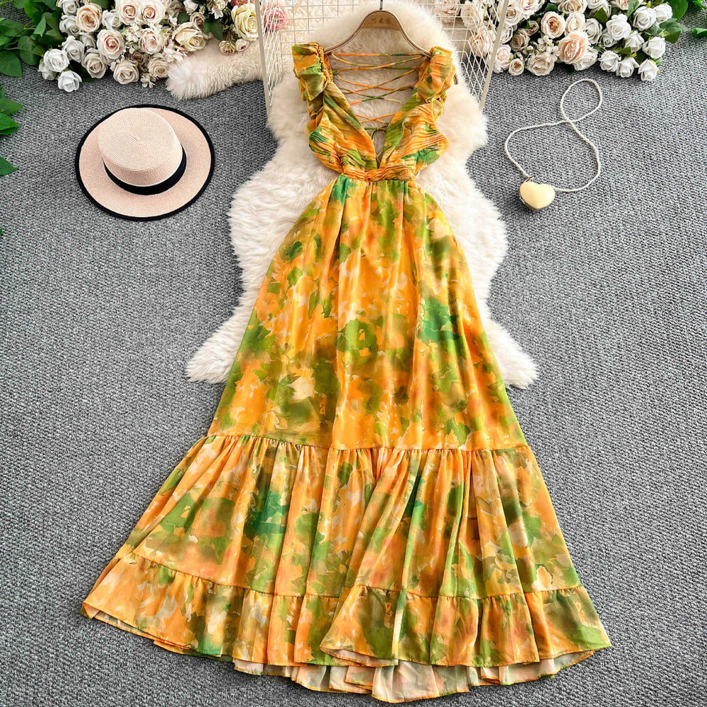 Frenchretrov neck small flying sleeves printingdress women's fashionbackless waist elegantlongruffles skirt