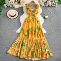 Frenchretrov neck small flying sleeves printingdress women's fashionbackless waist elegantlongruffles skirt