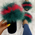 Women's faux fur slippers - european & american style, fashionable home slippers, real fur flat bottom ostrich feather slides, warm cotton slippers