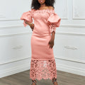 women's new one-line collar lacepatchwork banquet evening dress lantern sleeve ol bridesmaid dress exportdress
