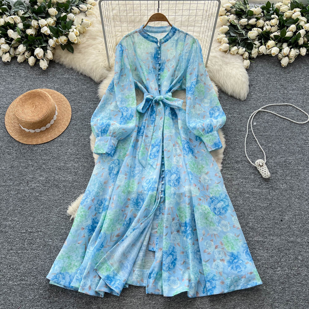 French chic elegant dress - women's autumn  collection: court style, tie-waist, slimming, single-breasted, printed maxi dress