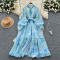 French chic elegant dress - women's autumn  collection: court style, tie-waist, slimming, single-breasted, printed maxi dress