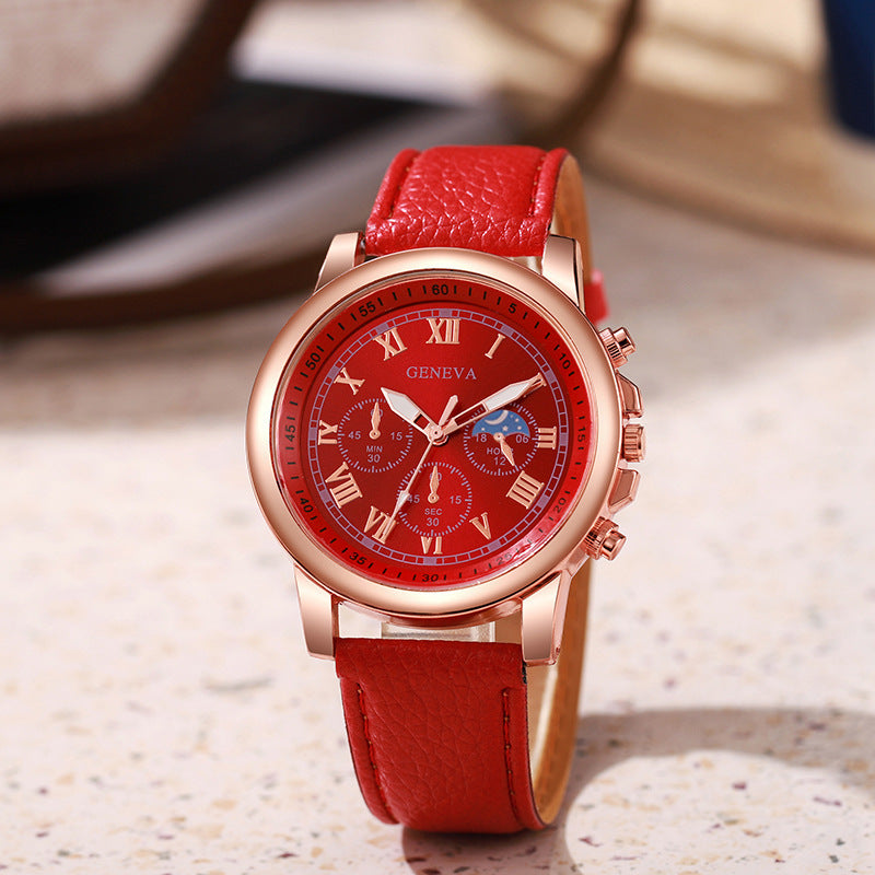 Douyin duoduo cross-border platform geneva watch women's three-eye roman belt quartz watch manufacturer spot wholesale