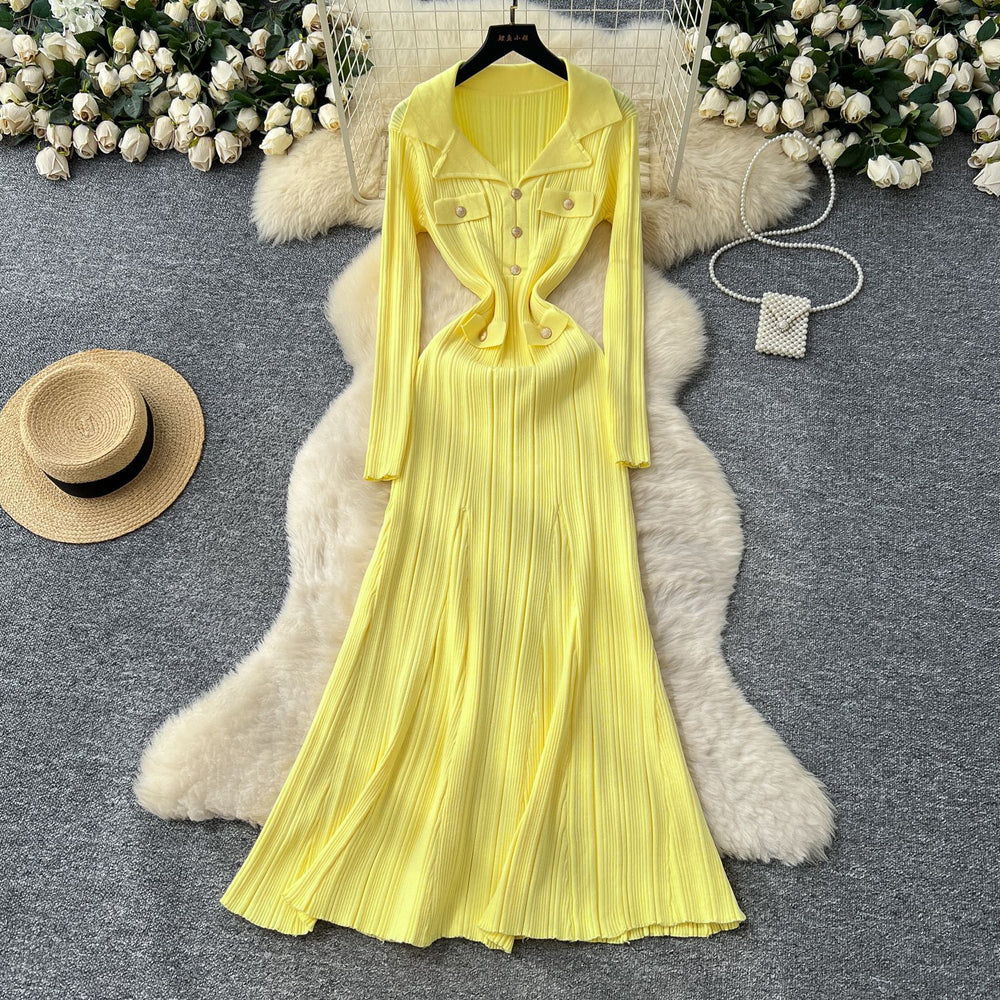 Xiaoxiangfengclassyfashionable doll collar long sleeves metal buckle waist knittingdress female autumslimming look long skirt