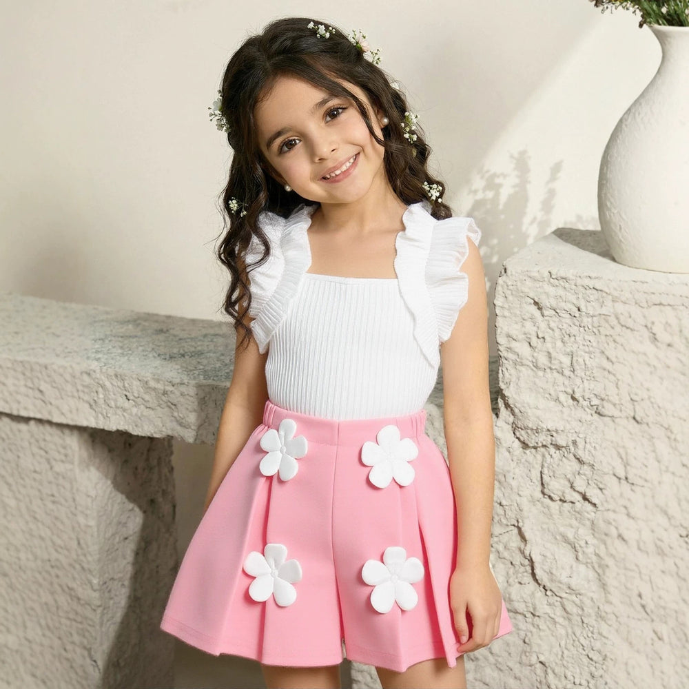 Girls' two-piece set: ruffle-trimmed top + shorts with 3d floral appliqué