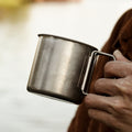 304 vintage distressed single-layer outdoor folding cup with handle - portable camping water cup, industrial style coffee mug, beer cup