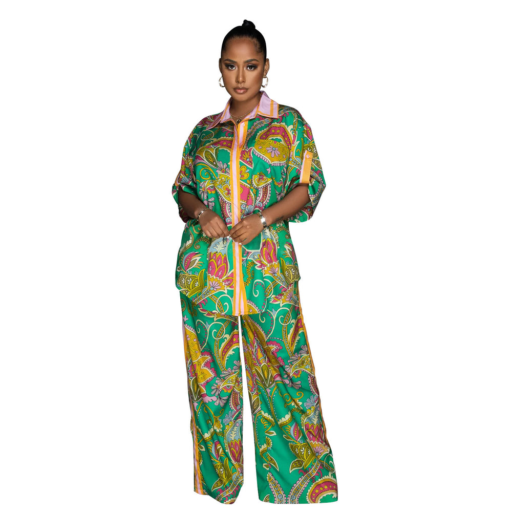 C6618 cross-border   fashion women's french print shirt & shorts two-piece set