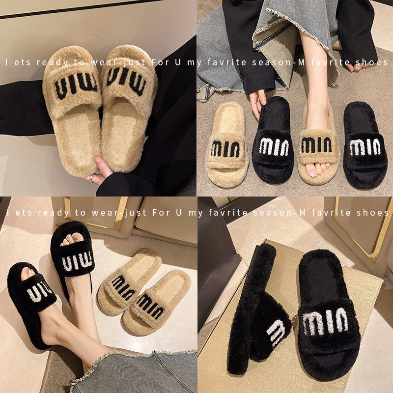 Thick sole fur slippers for women 2024autumnew arrivalpopularfashioncasualcasual style outwear open toe slippers