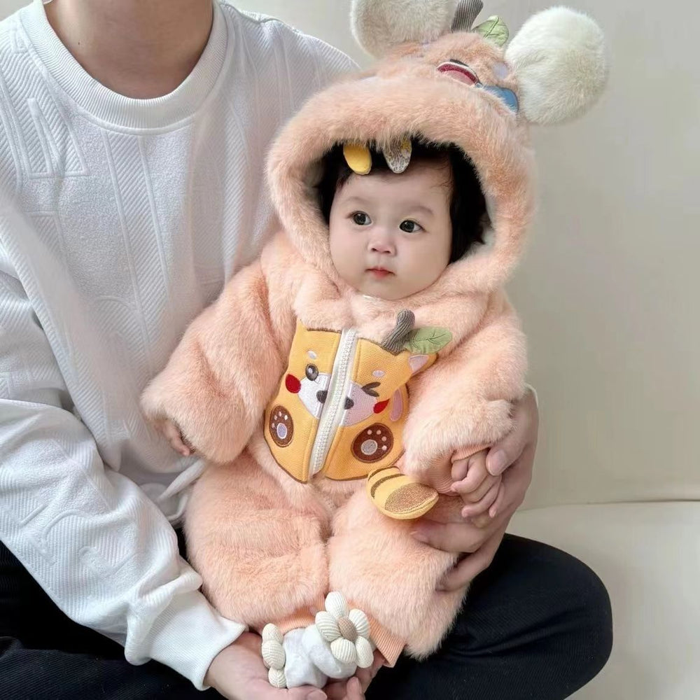 Infant cartoon onesie winter thickened warm romper baby boy and girl stylish outfit winter clothes fuzzy sweater