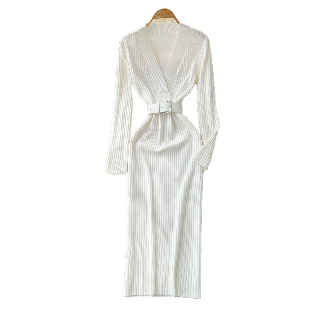Minimalist chic solid color knit dress - women's autumn collection: criss-cross neck, belted waist, slim fit, stunning maxi dress