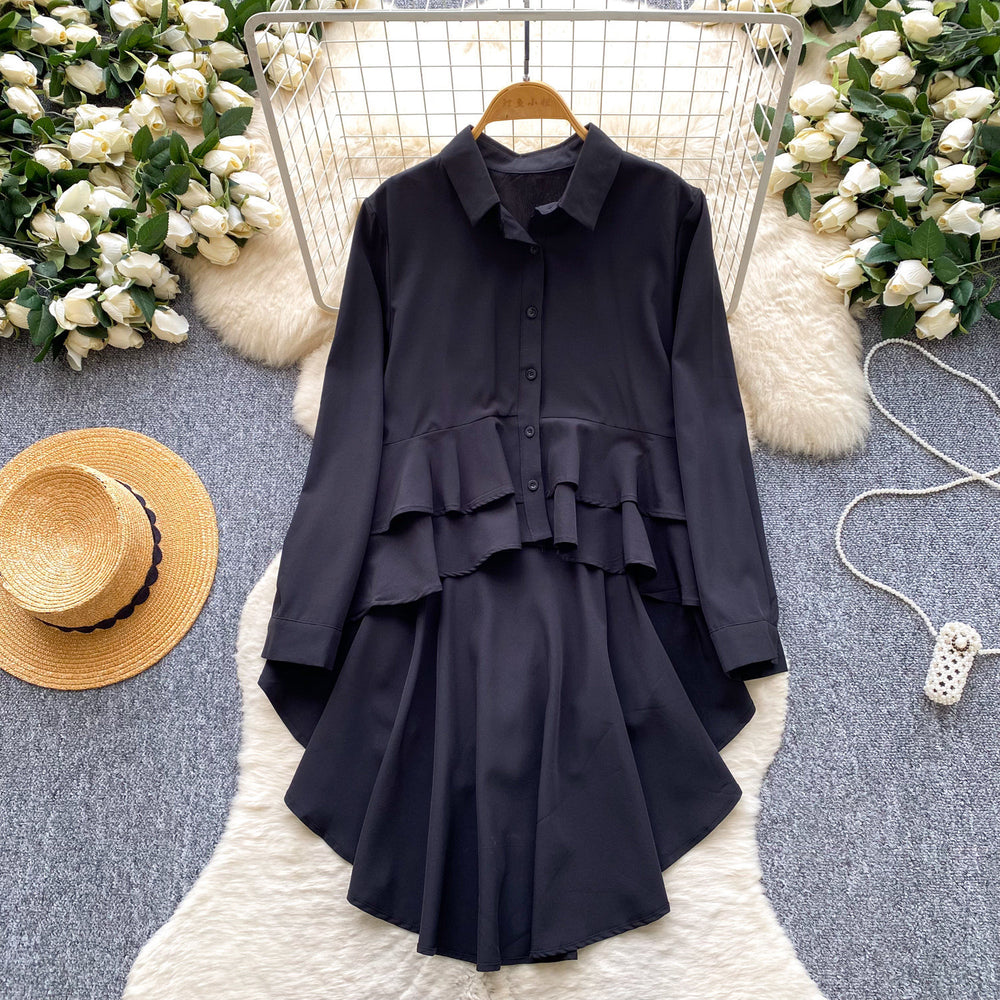 Korean style design lapel long sleeve shirt dress women's summer ruffle asymmetrical midi dress commute elegant