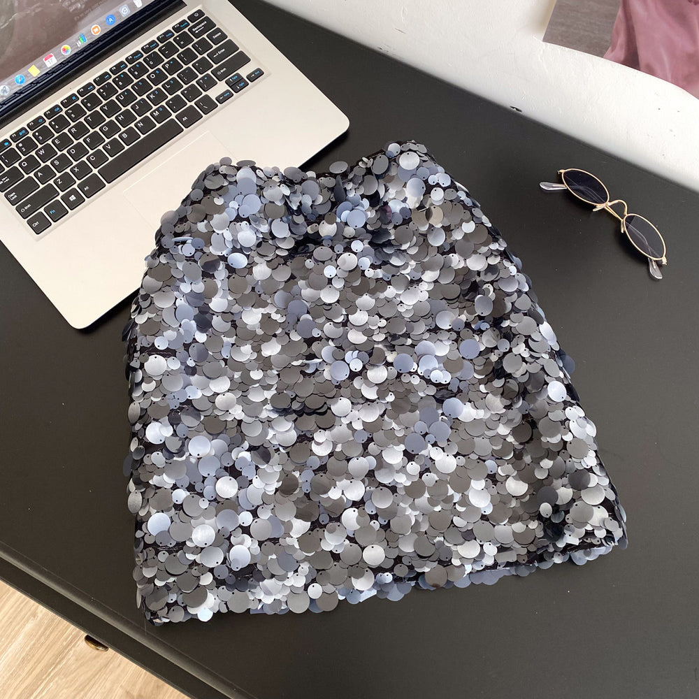 K-style high waist dopamine sequin a-line skirt women's slimming lookeasiest for match short skirt work clothing shiny skirt