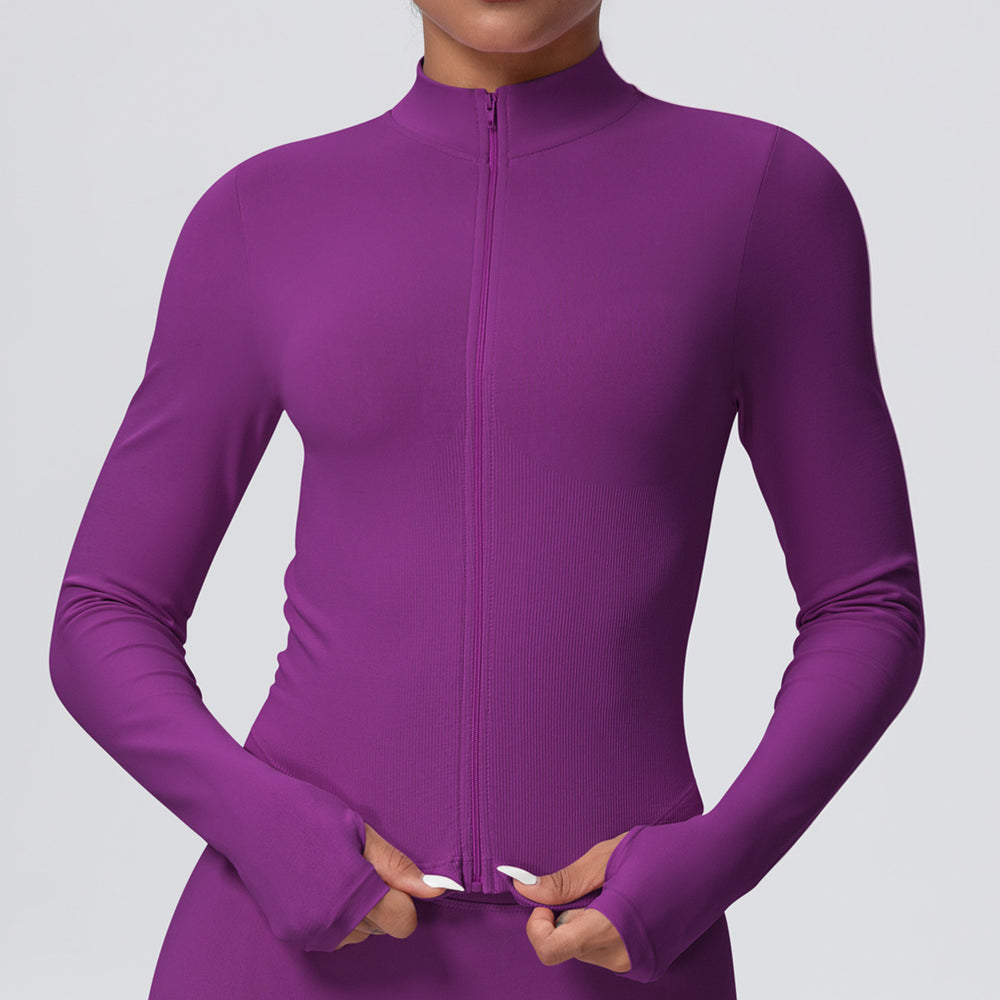 European and american seamless stand collar zipper long sleeve yoga jacket women's tight-fitting quick-dry outerwear running fitness apparel sports top