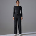 High-waisted, butt-lifting, drawstring wide-leg pants with a barely-there feel, paired with a form-fitting, long-sleeved yoga top. breathable, quick-drying, perfect for outdoor running and fitness