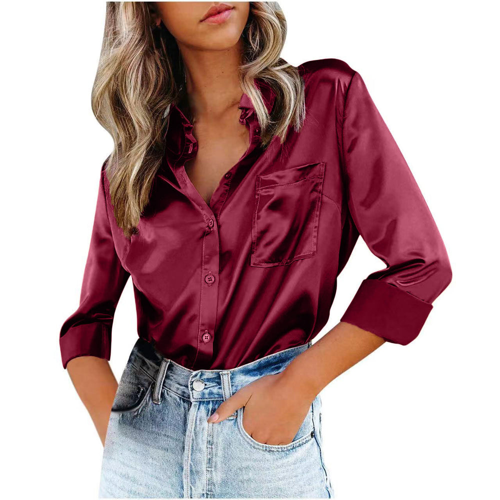 spring/summer solid color long-sleeve blouse: elegant commute style with turn-down collar, european and american fashion solid color cardigan, satin shirt