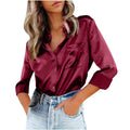 spring/summer solid color long-sleeve blouse: elegant commute style with turn-down collar, european and american fashion solid color cardigan, satin shirt